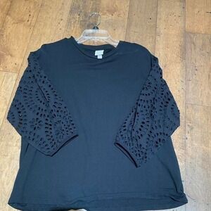 A New Day Black Eyelet Puff Sleeve Sweatshirt Size L